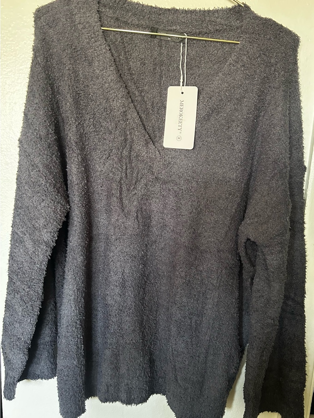 Microheaven Plush V-Neck Sweater - Charcoal